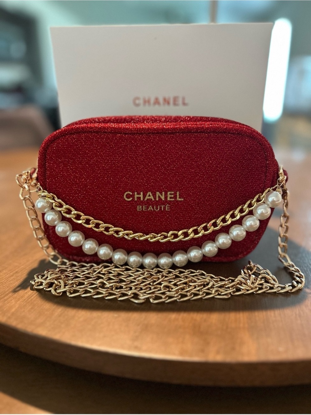 CHANEL Beauté Red Glitter Pearl-Trim Crossbody Bag VIP GWP